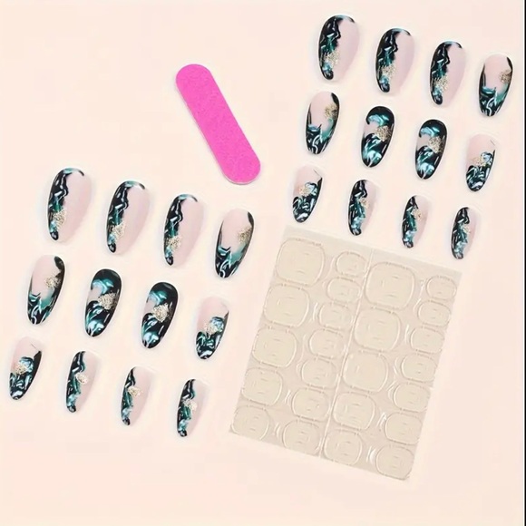 🆕 Green Marble Print Press On Nails Golden Foil Design Smudged Almond Shape NIB - Picture 3 of 5